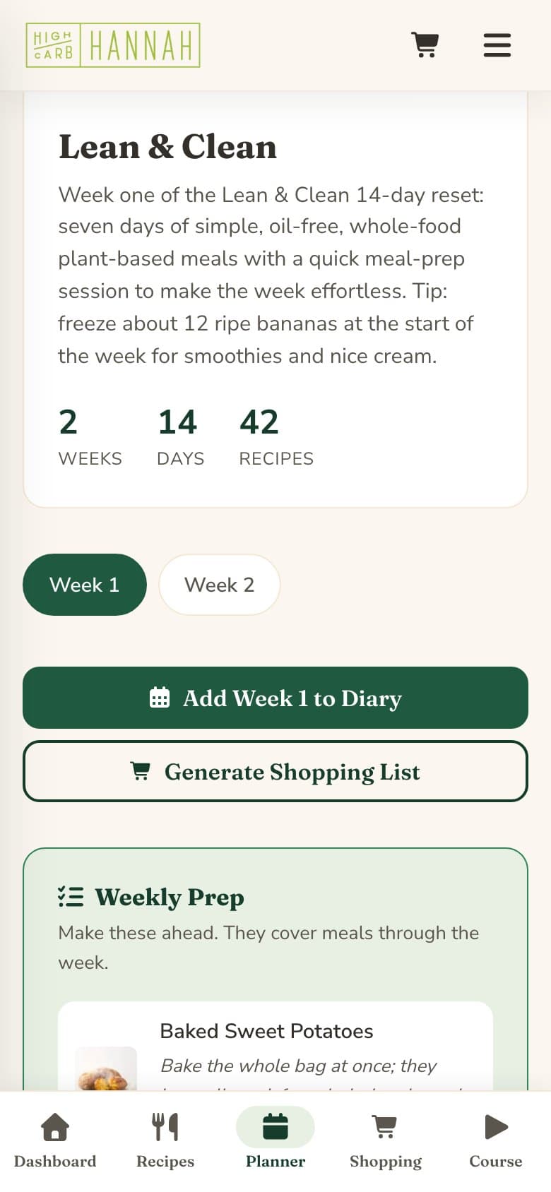 A meal plan open in the Planner, with the button that adds a week to the diary