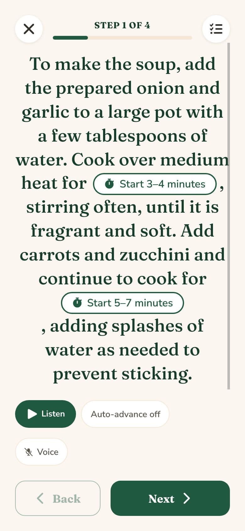 Cook Mode: one large step at a time, with a tap-to-start timer