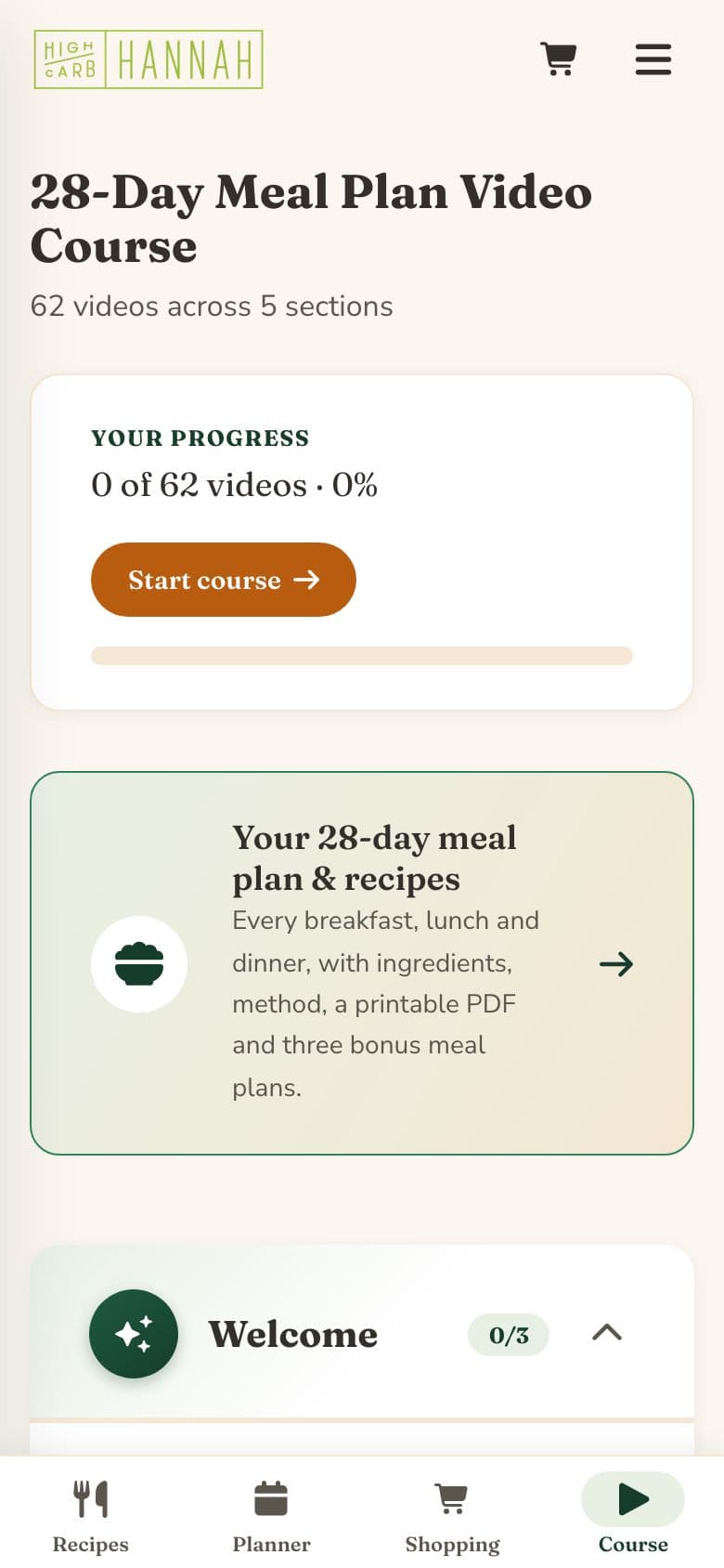 The course home with a progress bar and the 28-day meal plan