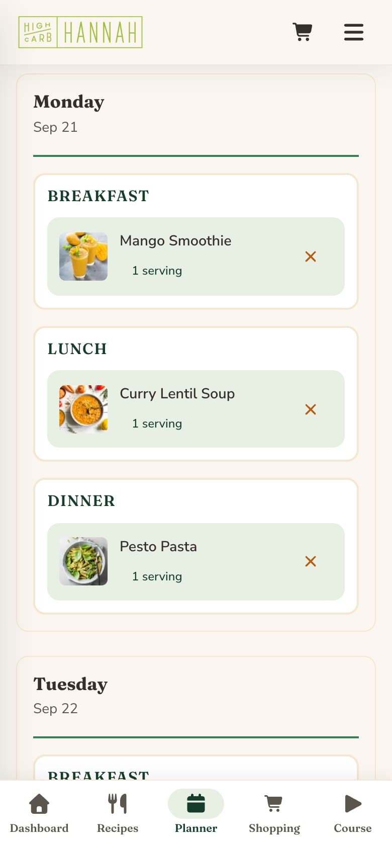 The weekly planner with breakfast, lunch and dinner