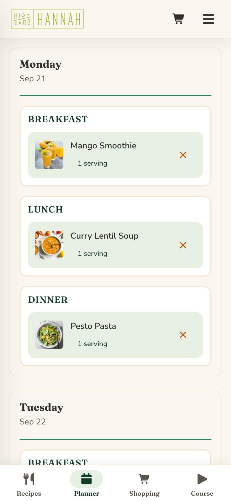 The Planner diary with breakfast, lunch and dinner for Monday