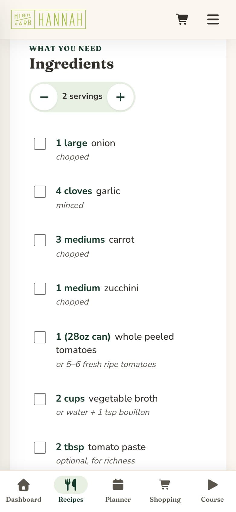 A recipe's ingredients with a servings scaler and checkboxes