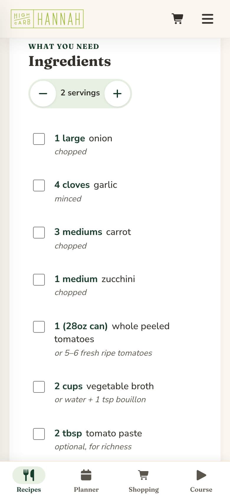A recipe's ingredients with a servings scaler and checkboxes