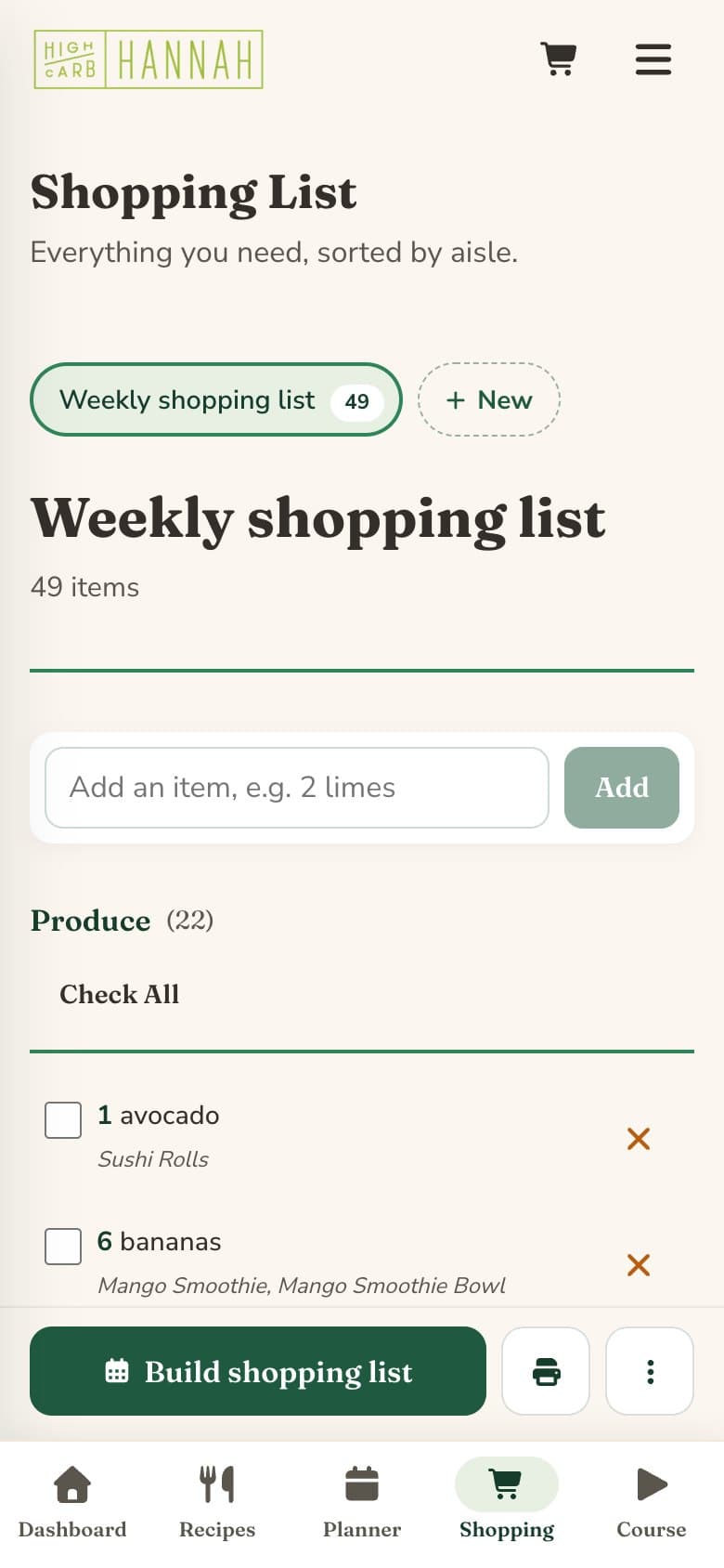 A shopping list grouped by aisle, starting with Produce