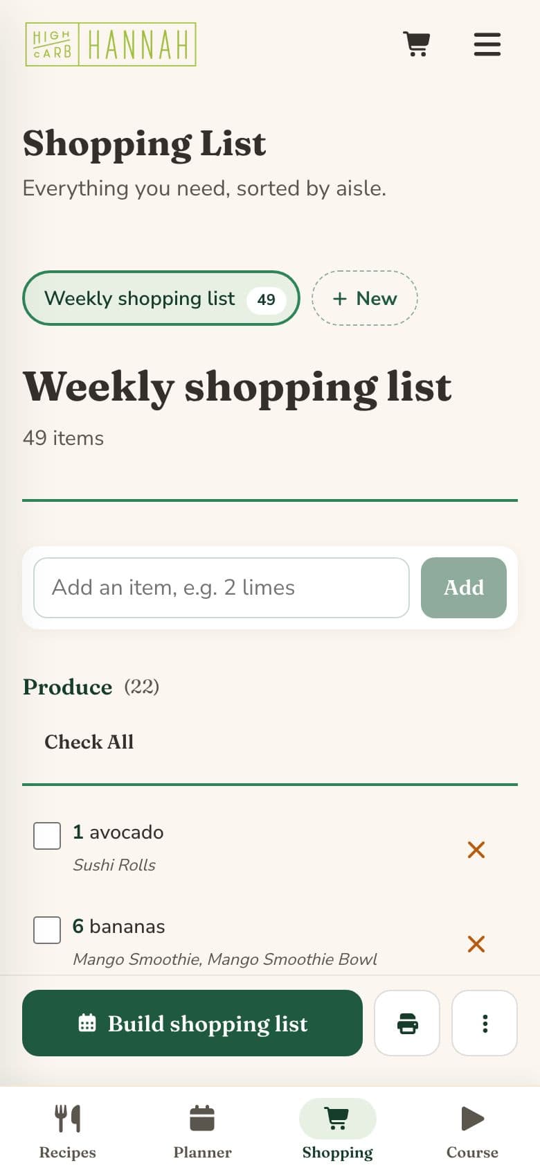 A shopping list grouped by aisle, starting with Produce